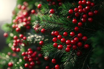 Fototapeta premium Close-up of vibrant red berries nestled among lush green pine foliage, creating a festive, seasonal atmosphere.