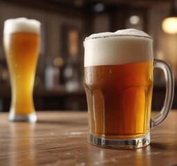 Glass filled with chilled beer and frothy head, liquid, brew