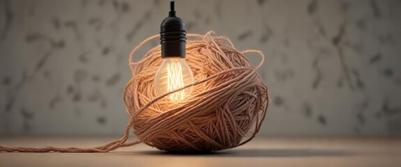 A large ball of yarn wrapped around a light bulb with yarn strands stretching outwards, colorful, tactile, decorative