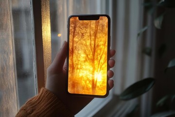 Sunrise Through Trees on a Phone Screen, Golden Hour Photography