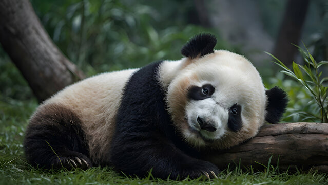 Sleeping giant panda baby Adorable, content baby pandas sleeping in the forest, with a panda bear perched on a tree branch forest background,