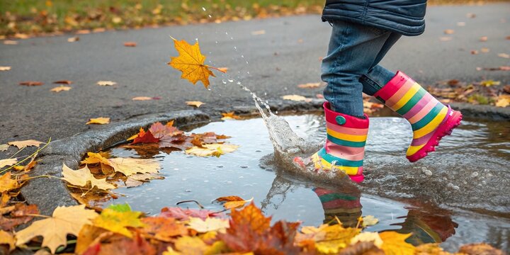 Colorful rubber boots on a child's legs, jumping into a puddle filled with clear water on an autumn day, autumnal, children playing, leaves