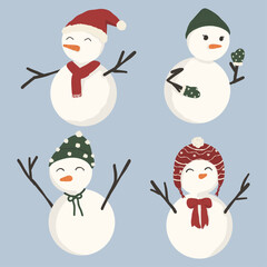 snowman wearing winter hats, scarf, and gloves illustration