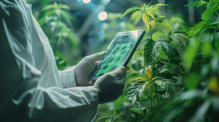 scientist in greenhouse examines data on tablet, surrounded by lush green plants. atmosphere is vibrant and focused on research and innovation