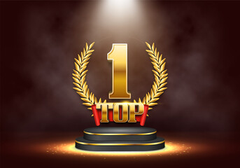 Top 1 award poster. Presentation on podium with golden laurel wreath. Vector illustration.