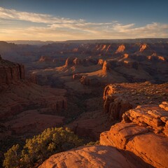A canyon illuminated by the setting sun, its red rocks glowing brightly.