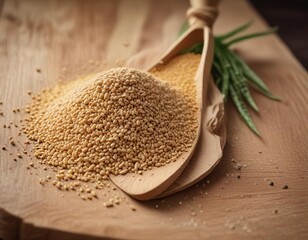 High-quality photo of kodo millet grain on a wooden board , whole grain, healthy food, nutrition