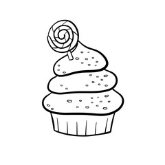 Coloring page of Christmas tree cupcake with round lillipop candy. Outline hand drawn vector illustration on white background.