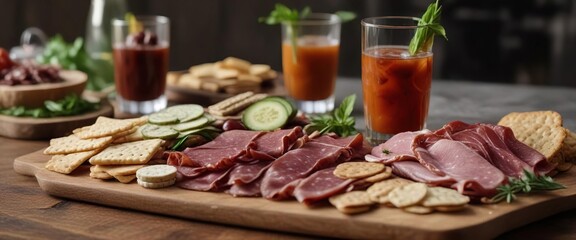A charcuterie board with a variety of cured meats, cheeses, and crackers, accompanied by a glass of spicy jalapeno-infused cocktail featuring mint as a garnish, party, cocktails, appetizer