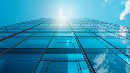 Modern glass skyscraper reflecting sky and clouds, showcasing architectural design and urban landscape