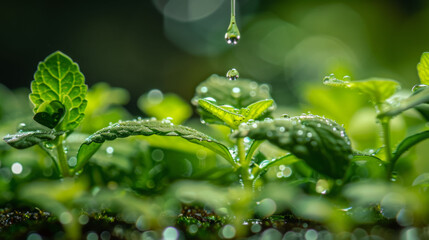 macro shot of vibrant green plants with droplets of nutrient solution falling, creating refreshing and lively atmosphere. glistening water enhances beauty of nature