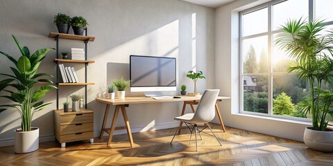 Fototapeta premium Lively Panoramic View of a Modern Workspace Featuring an Empty Template Mockup Poster, Desk, and Computer in a Bright Room Setting