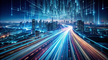 Obraz premium Long Exposure Image Capturing the Threat of Cybersecurity Attacks by Computer Hackers with Dramatic Light Trails and a Dark Digital Landscape