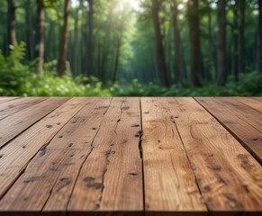 Fototapeta premium Macro shot of wooden table top with blurred forest behind, forest, blur, top