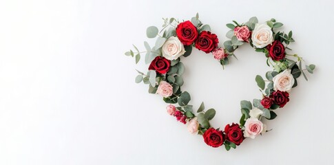 Heart shape made of red and pink roses with green leaves on white background