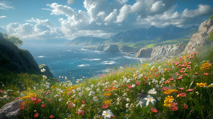 Coastal Mountain Landscape With Wildflowers - Illustration