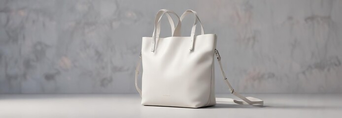 Minimalist white leather tote bag with thin shoulder strap, retail store, luxury fashion, neutral, minimalist, monochrome