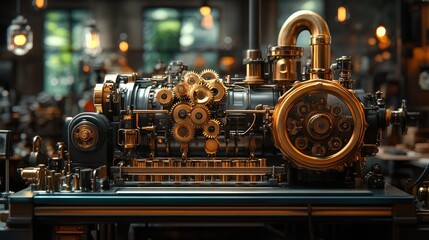 Fototapeta premium A detailed steampunk-inspired engine with intricate gears and polished metal components.