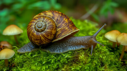 A close-up shot of a garden snail crawling on soft, vibrant green moss in a serene forest, with delicate mushrooms growing nearby