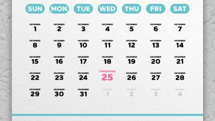 Close-up of Christmas date 2024 marked on the page of a wall calendar