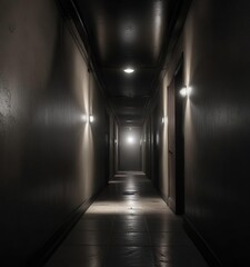 Narrow dark corridor with a single spotlight shining towards its terminus, narrow corridor, faint light, dimly lit alleyway