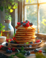 Cozy Breakfast Scene Featuring a Tower of Fluffy Pancakes Topped with Fresh Berries and Maple Syrup Near a Sunlit Window