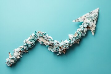 Arrow Made of Crumpled Dollar Bills Illustrates Financial Growth and Economic Success on a Turquoise Background for Business Themes and Investment Concepts