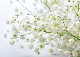 Fototapeta premium Low Light Photography of Delicate Small White Gypsophila Flowers Isolated on a Pure White Background Capturing Their Elegance and Subtle Beauty in Soft Focus