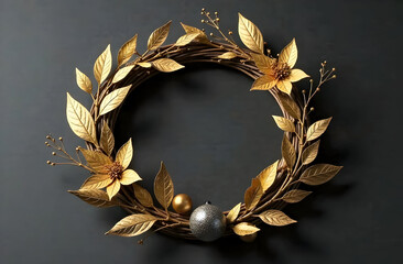 A luxurious gold wreath featuring metallic leaves, poinsettia-inspired accents, and glittering ornaments, ideal for upscale holiday decor or festive promotional visuals. Selective focus