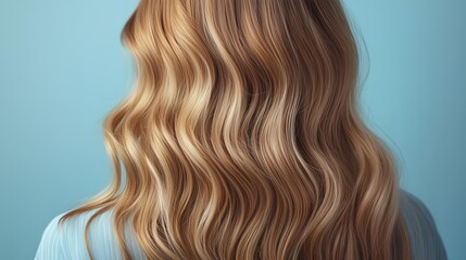 Fototapeta premium Close-up of long, wavy blonde hair with subtle highlights against a blue background, showcasing a luxurious and healthy hairstyle.