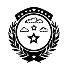 Obraz premium Here's a description and keywords for your image.. Monochrome emblem featuring stars, clouds, and laurel wreath.