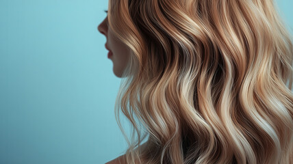 Obraz premium Close-up profile view of blonde wavy hair against a teal background, showcasing the texture and highlights of a modern hairstyle.