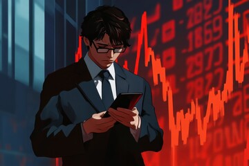Businessman Analyzing Stock Market Trends with Smartphone Surrounded by Financial Data and Graphs in Modern Office Environment
