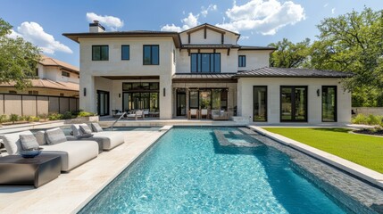 Modern luxury home with a large pool and outdoor seating