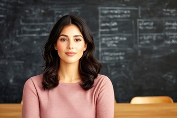 Boss woman career powerful concept. A confident woman with dark hair smiles softly, seated in front of a blackboard, creating an inviting and educational atmosphere.