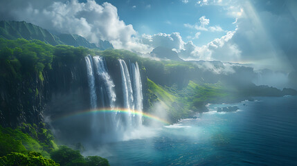 Fototapeta premium Majestic Waterfall Plunging into Misty Gorge with Rainbow Reflection and Lush Green Surroundings, Capturing the Essence of Nature's Beauty