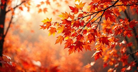 Rich orange hues blend with fiery reds as a kaleidoscope of autumn leaves rustle and sway, sun glare, fall foliage, autumn colors