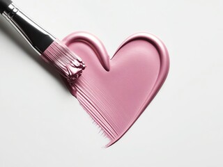 Close up pink paint brush stroke in heart shape isolated on white background. pink metallic make-up smear swatch sample.