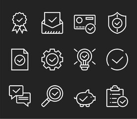 Check testing examination tick approve checkmark. Flat lined thin isolated icon set