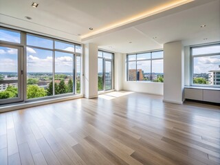 Fototapeta premium Luxurious Minimalist Apartment Interior with Spacious Windows and Serene White Walls, Showcasing Modern Design and Clean Aesthetic for Contemporary Living Spaces