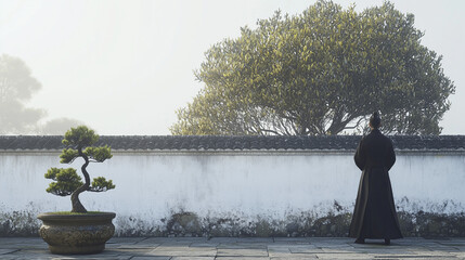 Obraz premium Man in traditional attire observes a bonsai tree and lush foliage in a tranquil courtyard under soft daylight