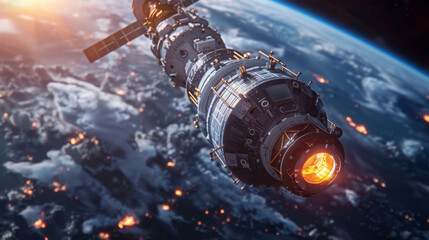 spacecraft is seen docking in space, showcasing advanced technology and intricate design against backdrop of Earth. scene evokes sense of exploration and innovation
