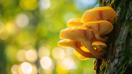 Golden Mushrooms on a Tree Trunk
