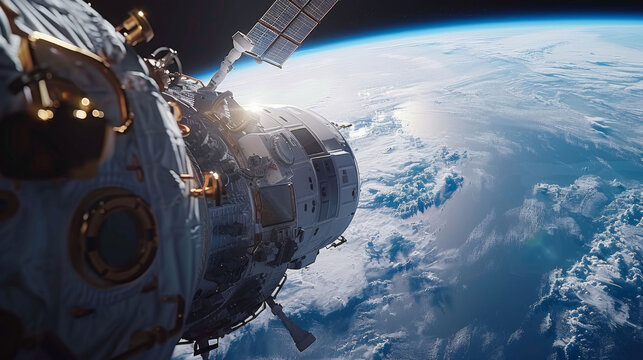 Close up of spacecraft docking at International Space Station, showcasing intricate details and stunning view of Earth from space