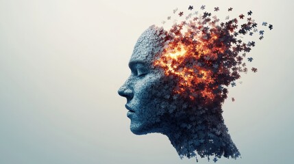 A surreal depiction of a human head fragmenting into particles, symbolizing creativity, transformation, and the complexities of the mind.