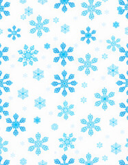 Seamless gradient pattern of snowflakes. Snowflake background for winter, winter holidays, Christmas. Blue snowflakes on white background, Colored gel lighting