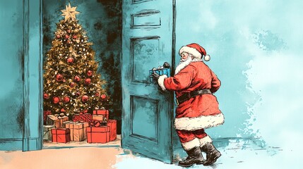 Here's a short description inspired by stock image descriptions:  Santa Claus, depicted in a whimsical illustration, carefully places a gift near a Ch