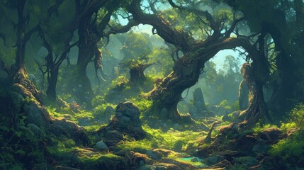 Fototapeta premium Enchanting sunlit forest with ancient trees, mossy rocks, and a stream.