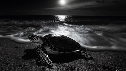 The soft outline of a sea turtle crawling towards the moonlit ocean