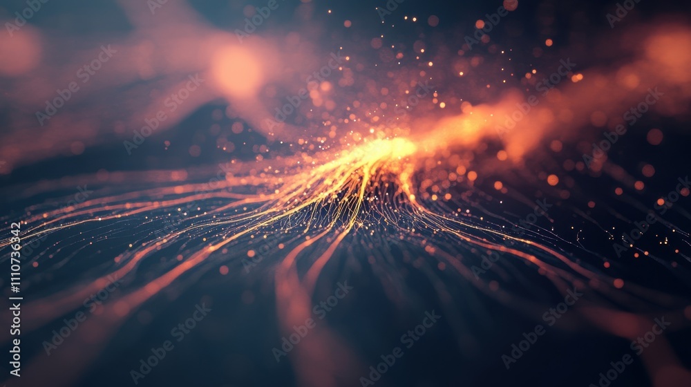 Poster a vibrant, abstract image depicting flowing lines of light and particles, creating a dynamic and ene